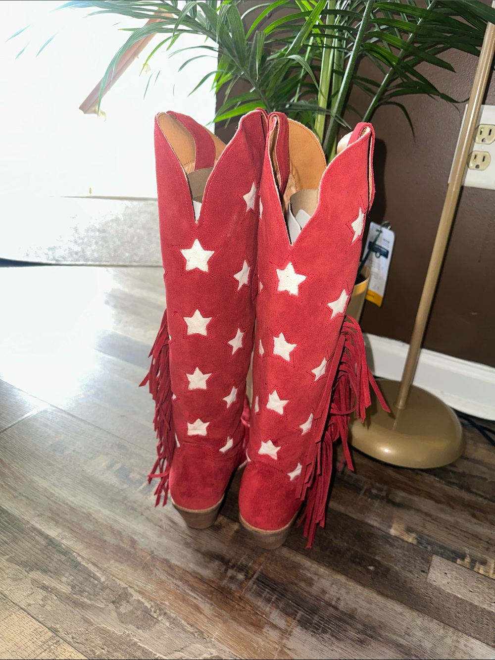 Red Suede Over-the-Knee Star Embroidered Boots with Fringe - Picture 3 of 8